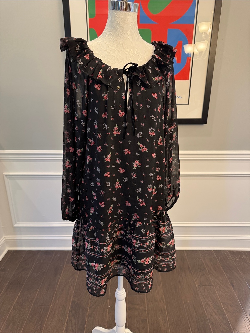 NWT Old Navy x Anna Sui Floral Ruffle Crepe Maxi Dress M Black Pink